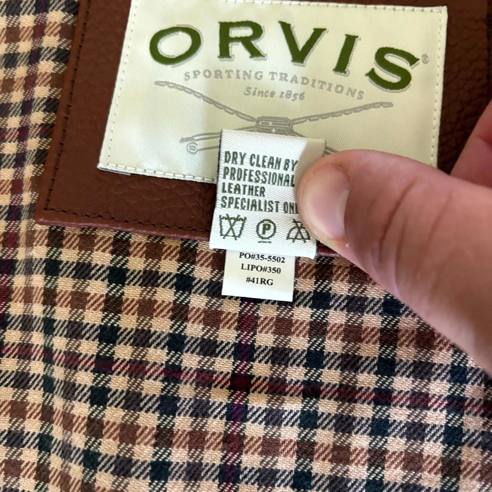 Vintage Orvis Leather Vest Men's Large Brown Plaid Lined Button Front Outdoor